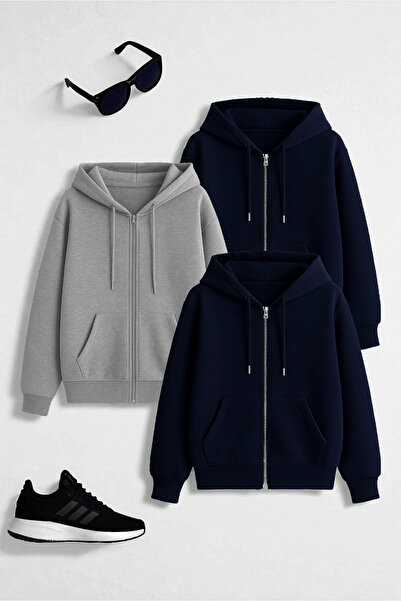 uyguntarz Unisex Gray & Navy Blue & Navy Blue Zipper Hooded Sweatshirt 3-Piec...