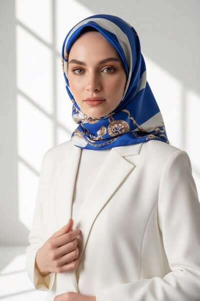 VİOLLA Twill Çizgili Zincir Desenli Saks Renkli 90x90 Eşarp (İpek İçermez) Ke...