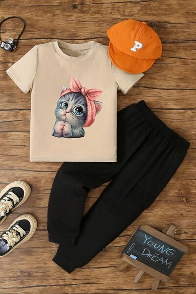 uyguntarz Children's Cute Cat Bottom - Top Tracksuit Set