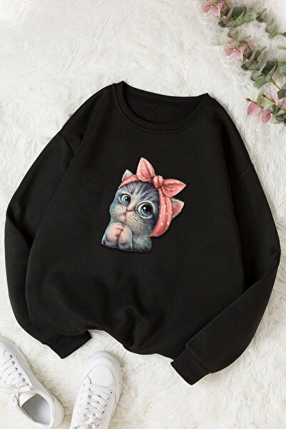 uyguntarz Unisex Cute Cat Printed Crew Neck Sweatshirt