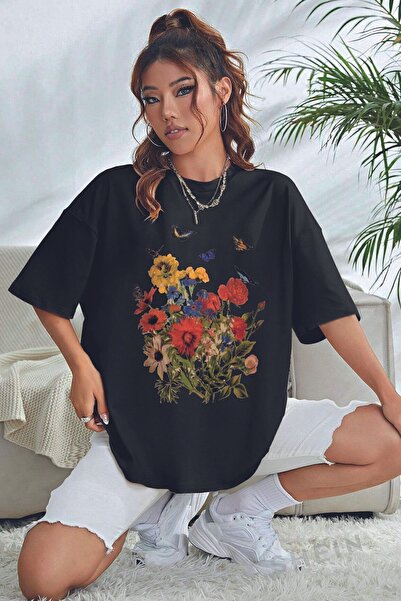 uyguntarz Unisex Flowers Baskılı Oversize Tshirt