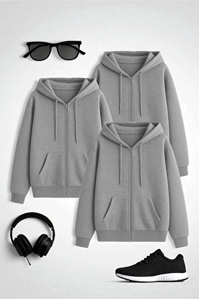 uyguntarz Unisex Gray & Gray & Gray Zipper Hooded Sweatshirt 3-Piece Opportun...