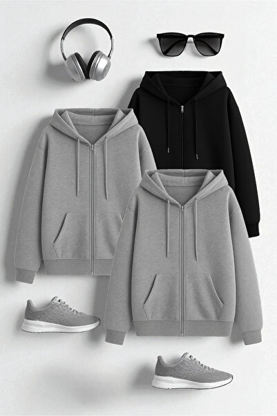 uyguntarz Unisex Gray & Gray & Black Zipper Hooded Sweatshirt 3-Piece Opportu...