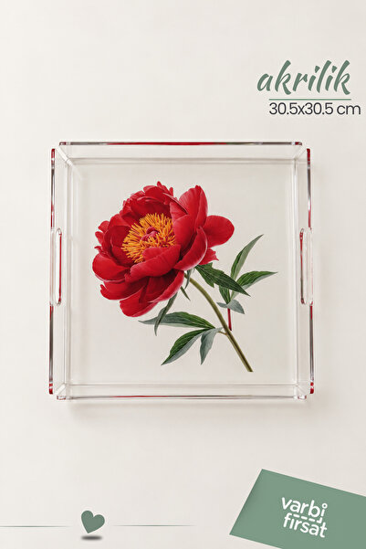 Varbifırsat 30,5 x 30,5 cm 4 mm Şeffaf Akrilik Kırmızı Şakayık Desenli Dekora...