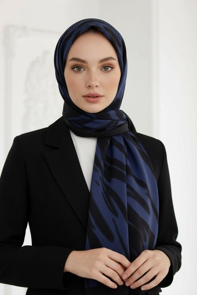 Vissona KREP GEOMETRİK DESENLİ İNDİGO RENKLİ 75X195 KIRIŞMAZ ŞAL