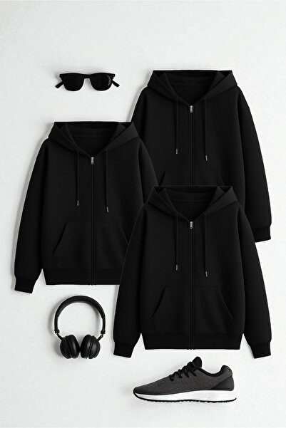 uyguntarz Unisex Black & Black & Blackzipper Hooded Sweatshirt 3-Pack Deal