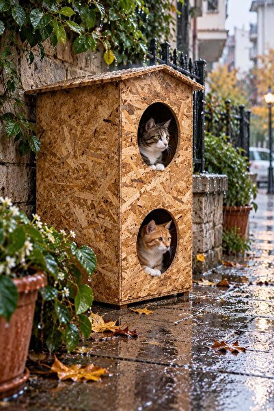 Reyo Melada Kedi Evi Dış Ortam Uygun Ahşap Kedi Evi Dublex OSB 66x39x32 cm - ...