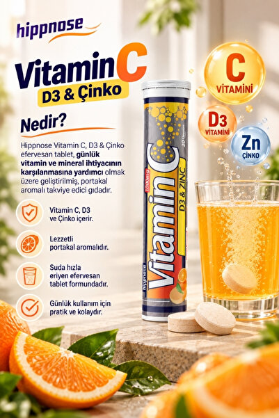 Hippnose Vitamin C + Çinko + Vitamin D3 Içeren 20 Efervesan Tablet