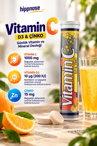 Hippnose Vitamin C + Çinko + Vitamin D3 Içeren 20 Efervesan Tablet