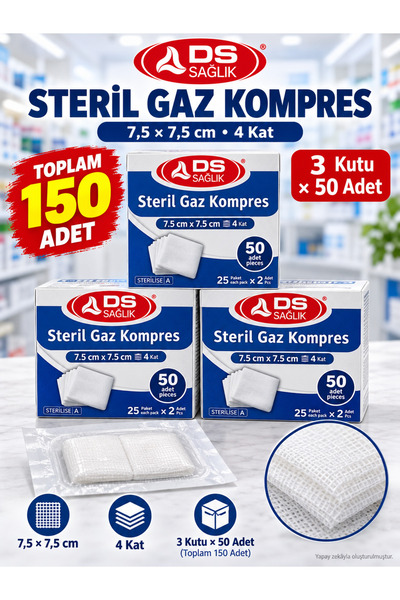 DS Sağlık Gaz Kompres - Steril - 7,5cmx7,5cm 150 Adet Spanç 25"li Paket