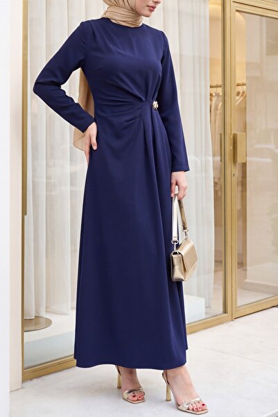 Modamorfo Double Crepe Dress with Shoulder and Front Pleated Detail and Brooc...