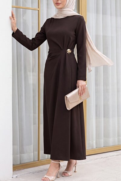 Modamorfo Double Crepe Dress with Shoulder and Front Pleated Detail and Brooc...
