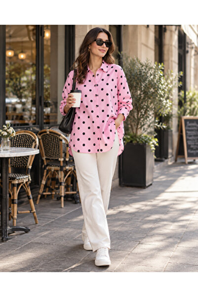 Focus Light Women's Polka Dot Oversize Long Shirt with Buttons
