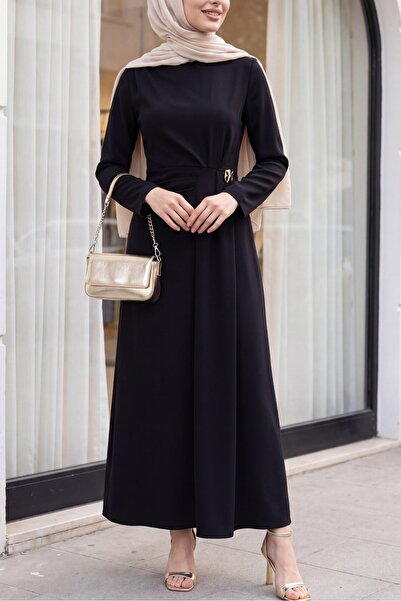 Modamorfo Double Crepe Dress with Shoulder and Front Pleated Detail and Brooc...