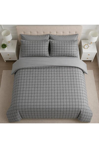 LaLiva Gray Checked Double Bed Fitted Sheet-Cotton Duvet Cover Set-