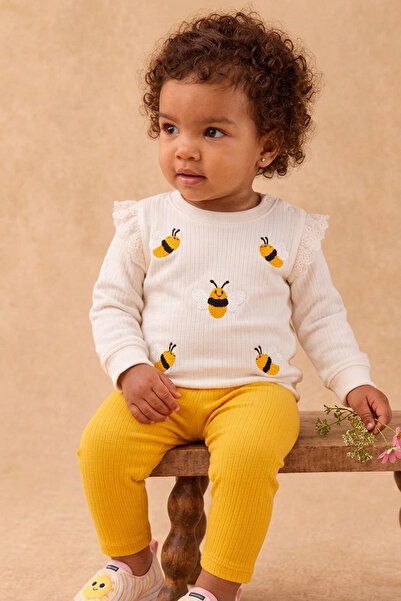 Rocha Baby Baby Girl Bee Embroidered Scallop Detailed Ribbed Double Set Musta...