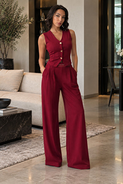 Focus Light Women's V-Neck Buttoned Vest & High Waist Palazzo Pants Two Piece...