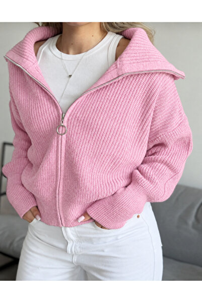 FLEX FASHION kadın esnek örgü fermuarlı devrik yaka yumoş triko hırka pembe
