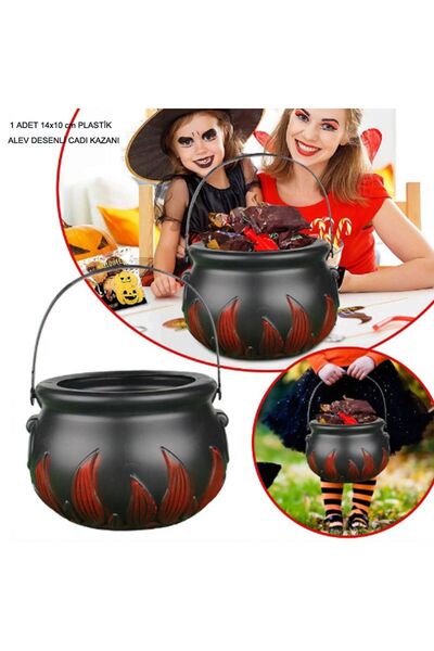 partidolu Halloween Cadı Kazanı Şeklinde Plastik Alevli Şeker Toplama Kovası ...