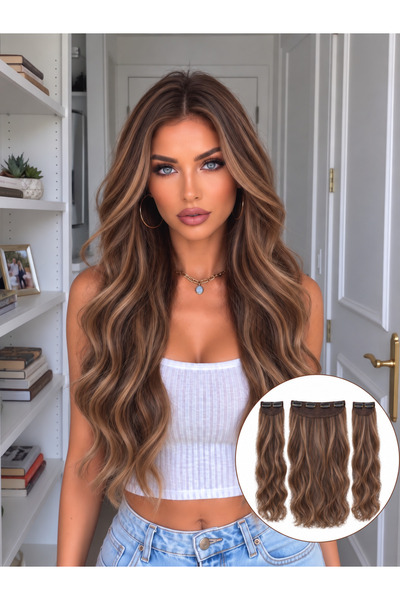 Lulu Bella Kadın Kumral Balyajlı 3 lü Set - Yarımay + 2 Yan Dalgalı Çıtçıtlı ...