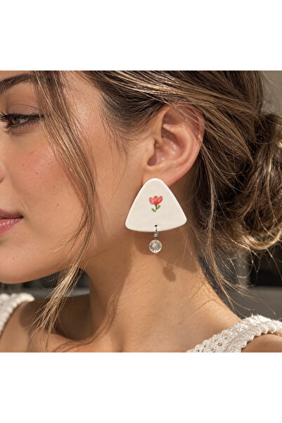 Rapoolin accessories Seramik el yapımı , el çizimi pembe çiçek desenli küpe