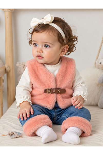 Asila Baby Astarlı Deri Kemer Detaylı Peluş Yelek Esnek Pamuk Body ve Paçası ...