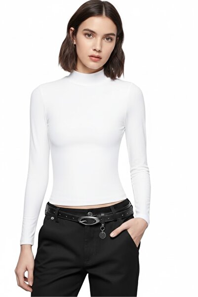 MADAM SHİLA White Darkled Slimfit Cotton Long Sleeve Mock Neck Blouse Half-Ne...