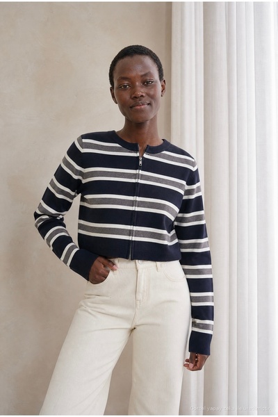 gozdefashion Women's Double Zipper Striped Cardigan