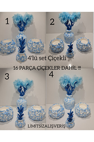 Genel Markalar Mavi Dekoratif Süs Eşyası Hediyelik Vazo ve Mumluk Takımı