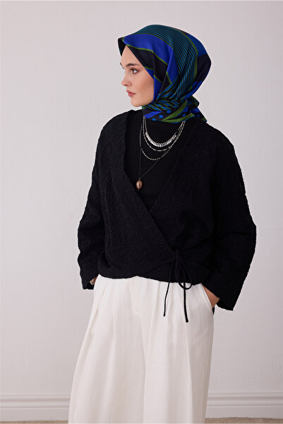 Belli Mavi Geometrik Desen %100 Twill İpek Eşarp 4401-50