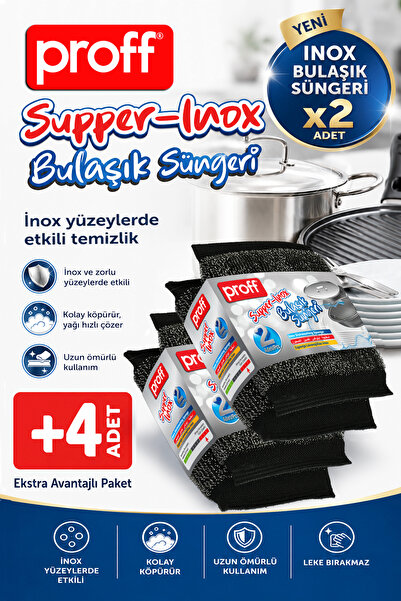 Proff Supper-İnox Paslanmaz Çelik Kaplı Bulaşık Süngeri - 4 Adet