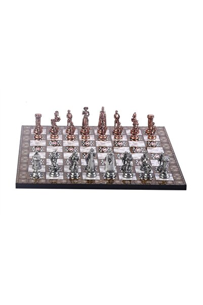 Gift Home Orta Boy Metal İngiliz Satranç Takımı Antik ve Sedef Desenli MDF Sa...