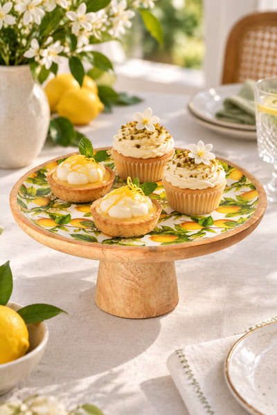 Tohana Doğal Mango Ağacı Ayaklı Kek Standı 30 cm Limon Desenli – Ahşap Pasta ...