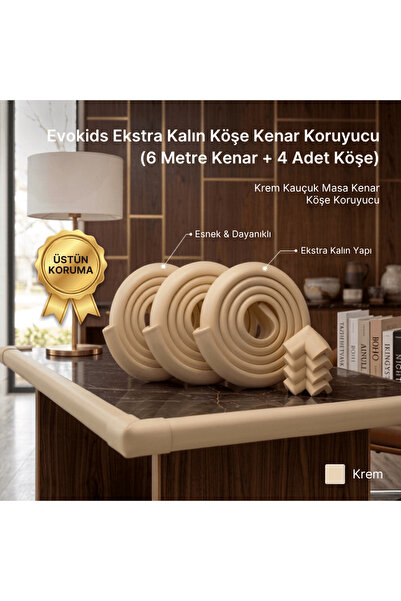 Evokids Ekstra Kalın Köşe Koruyucu (6 Metre Kenar + 4 Adet Köşe) Krem Kauçuk ...