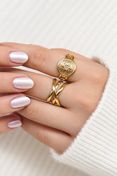 TREND COLLECTİON Women's Gold Color Adjustable Steel 2-Piece Ring Set