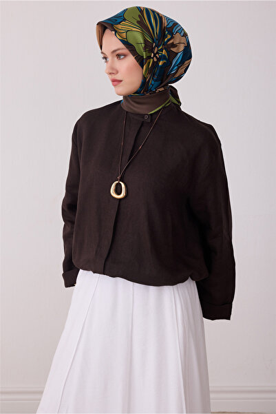 Belli Kahverengi Çiçek Deseni %100 Twill İpek Eşarp 4413-54