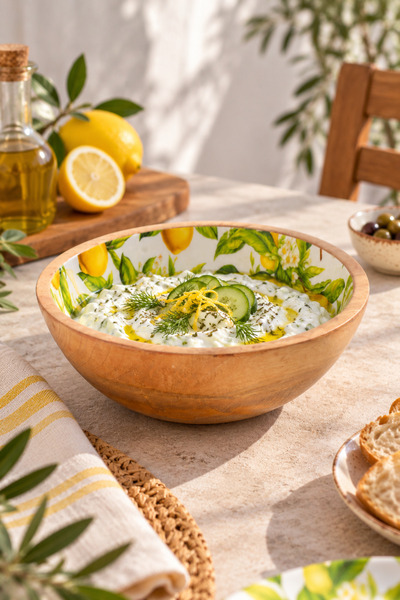 Tohana Doğal Mango Ağacı Sunum Kasesi 20 cm Limon Desenli – Ahşap Salata Meyv...