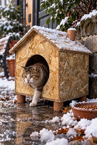 Reyo Orta Boy Kedi Evi OSB Su Yalıtımlı Rüzgar ve Soğuğa Dayanıklı Ahşap Kedi...