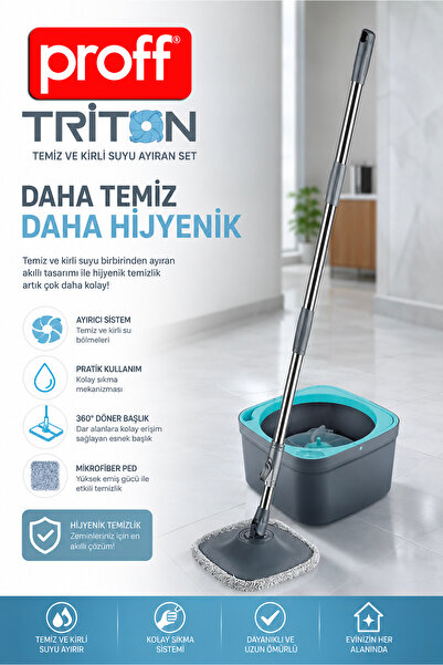 Proff Triton Temiz ve Kirli Suyu Ayıran Otomatik Temizlik Seti (Kare Moplu)