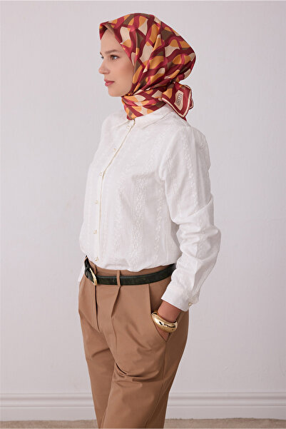 Belli Somon Geometrik Desen %100 Twill İpek Eşarp 4420-02