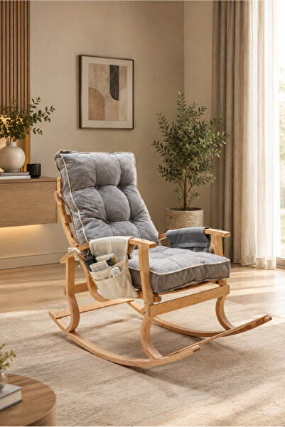 Sabaz Home İki Cepli Sallanan Sandalye, Gri Minderli Ahşap Sallanır Koltuk, R...