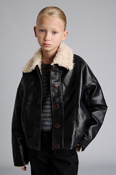 DeFacto Polo Collar Plush Lining Faux Leather Coat Girls G9351A826Au