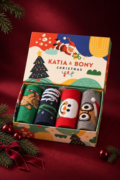 BONY SOCKS Unisex 4 Πακέτο Πρωτοχρονιάτικες κάλτσες με κουτί
