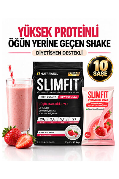 Nutrawell SLIMFIT Çilek Aromalı 10 Öğün - Öğün Yerine Geçen Shake, Whey Prote...