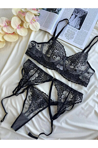 NEVA Lingerie Siyah Dantel Jartiyer Takımı