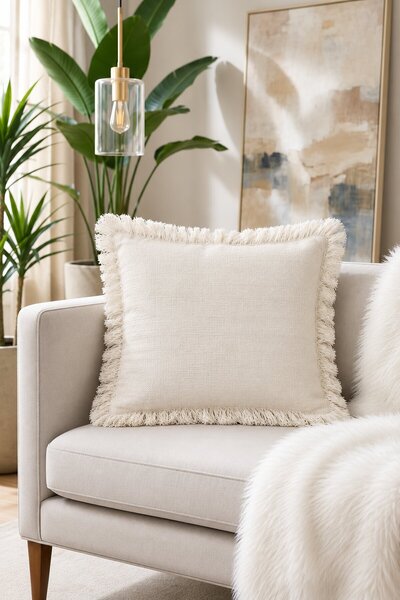 Elart Fringed Linen Cushion Cover 43X43 cm Cream