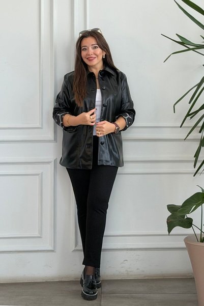 yb yağmur butik Düğme Kaplamalı Astarlı Deri Ceket