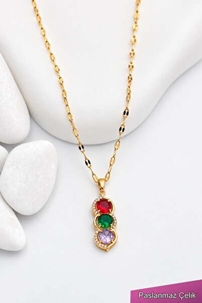 TREND COLLECTİON Paslanmaz Çelik Renkli Zirkon Taşlı Gold Kadın Kolye