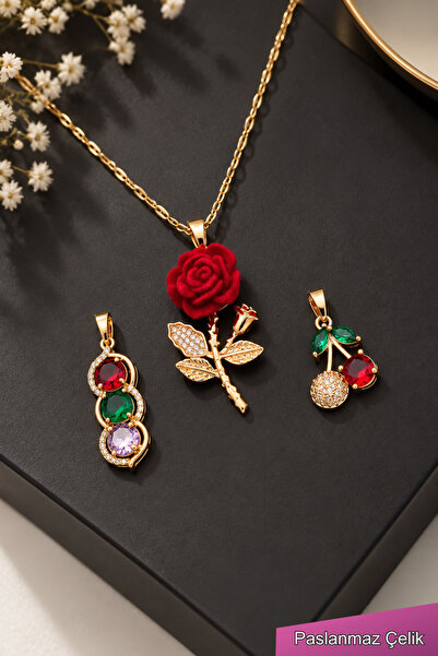 TREND COLLECTİON Değiştirilebilir Kolye Uçlu Gold Çelik Kolye Set – 3’lü Kadı...