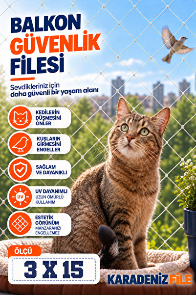 Karadeniz Dekor Ağları Balkon Filesi 3 X 15 (kuş Filesi, Kedi Filesi, Kuş Ağı...